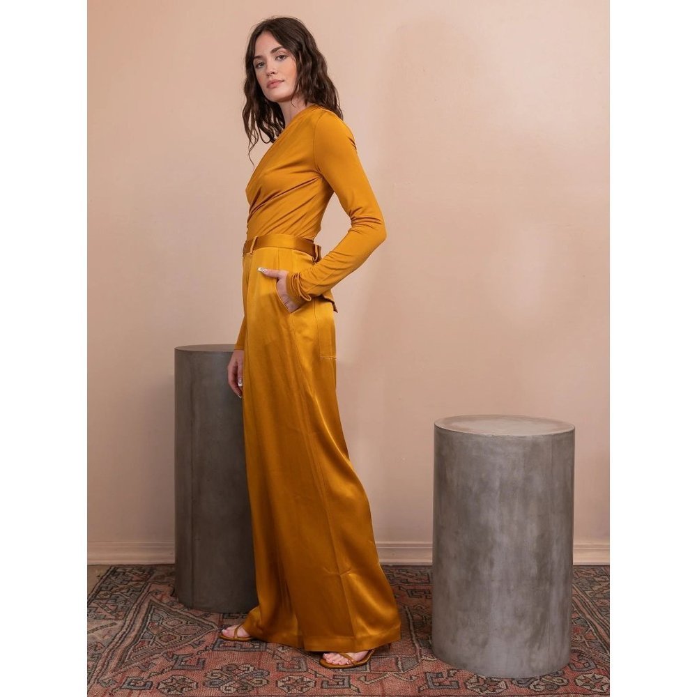 LAPOINTE Satin Pleated Pants in Yellow 2 Womens Wide Leg Trousers - Picture 14 of 15